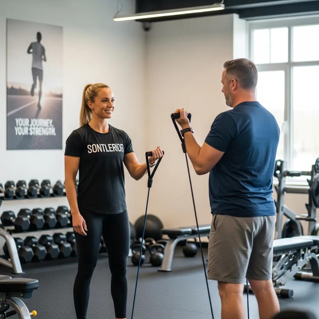 Fitness coach assisting a middle-aged client with personalized exercise routine