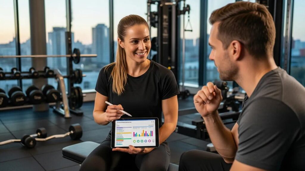 Fitness coach reviewing personalized training plan with a client in a modern gym