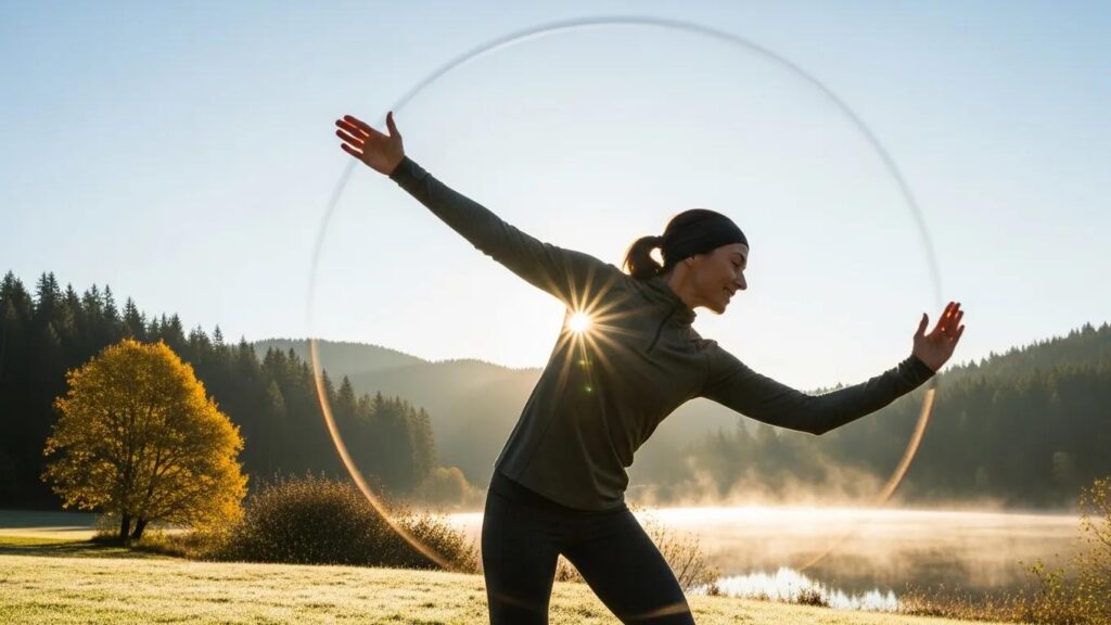 Individual performing arm circles for shoulder mobility in an outdoor environment