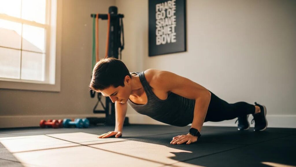 Person doing push-ups in a home workout space to strengthen shoulders