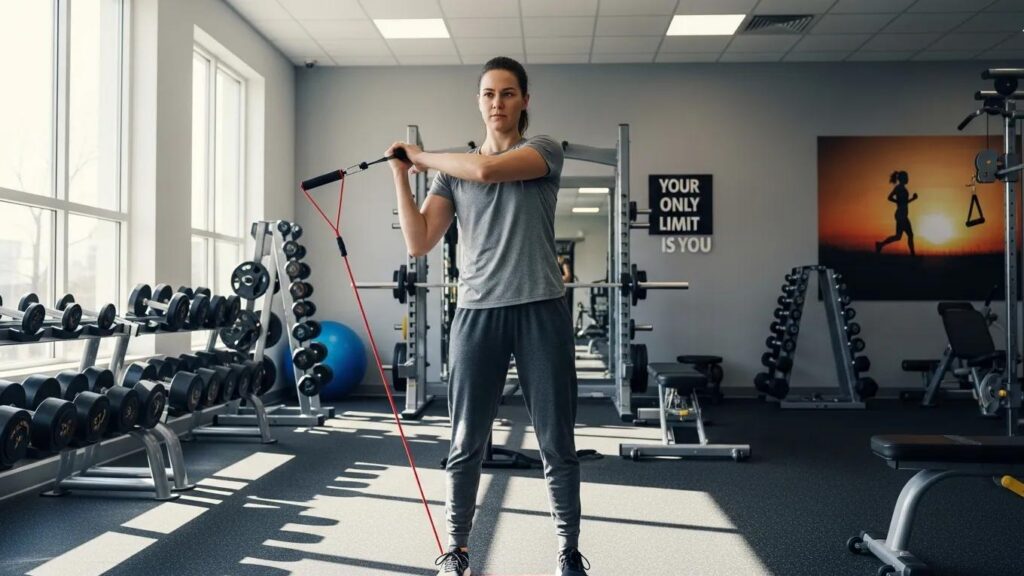 Person performing shoulder rehabilitation exercises with resistance bands in a gym setting