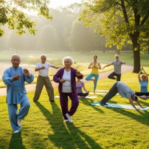 Seniors practicing yoga and Tai Chi for joint pain relief in a peaceful park