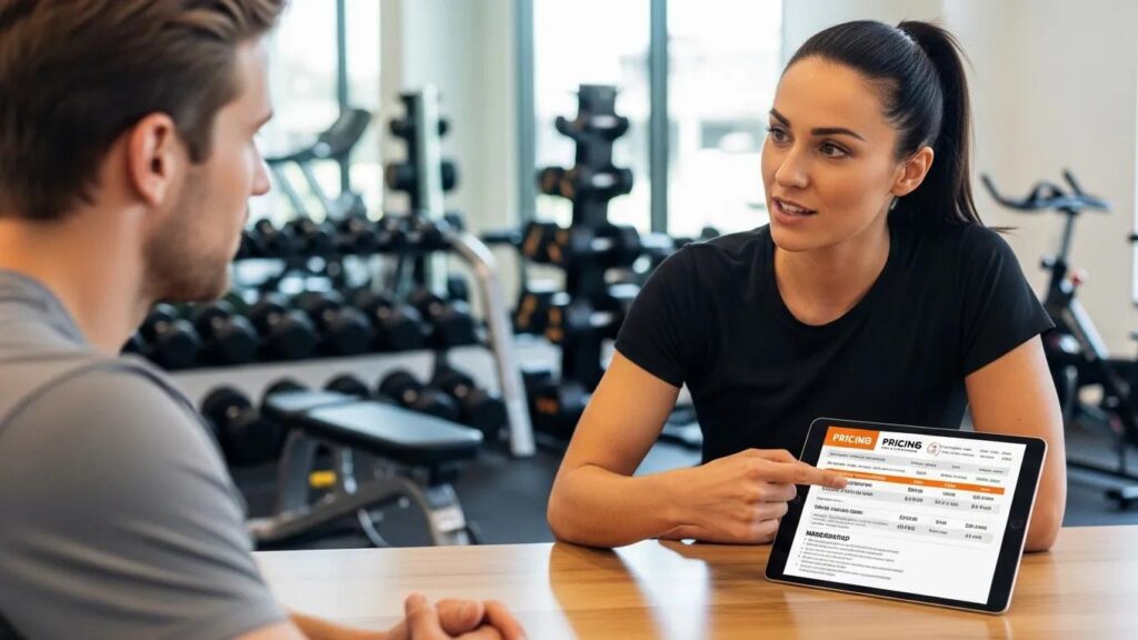 Personal trainer explaining pricing options to a client in a gym environment
