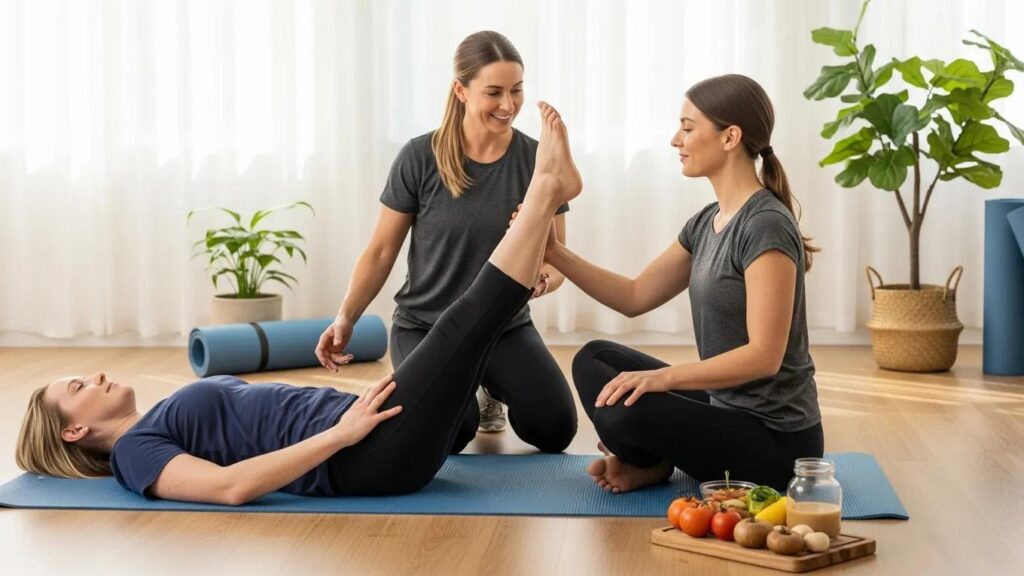 Wellness coach assisting a client in a holistic training session, integrating fitness and nutrition