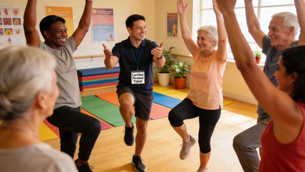 Seniors in a small group fitness class, fostering community and social engagement through shared workouts